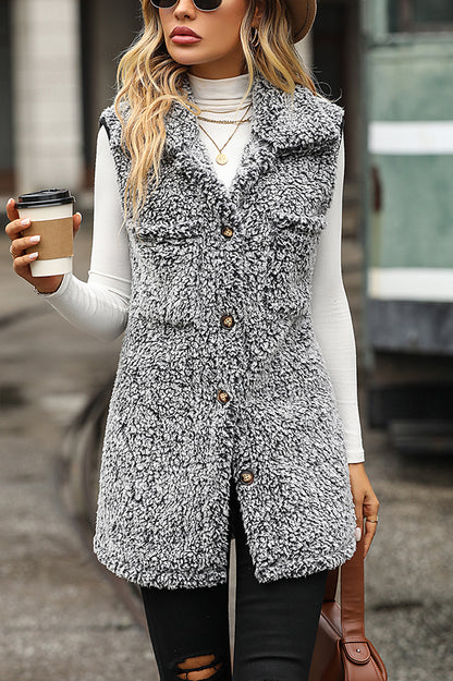 Lapel Sleeveless Pocket Loose Long Vest Coat
