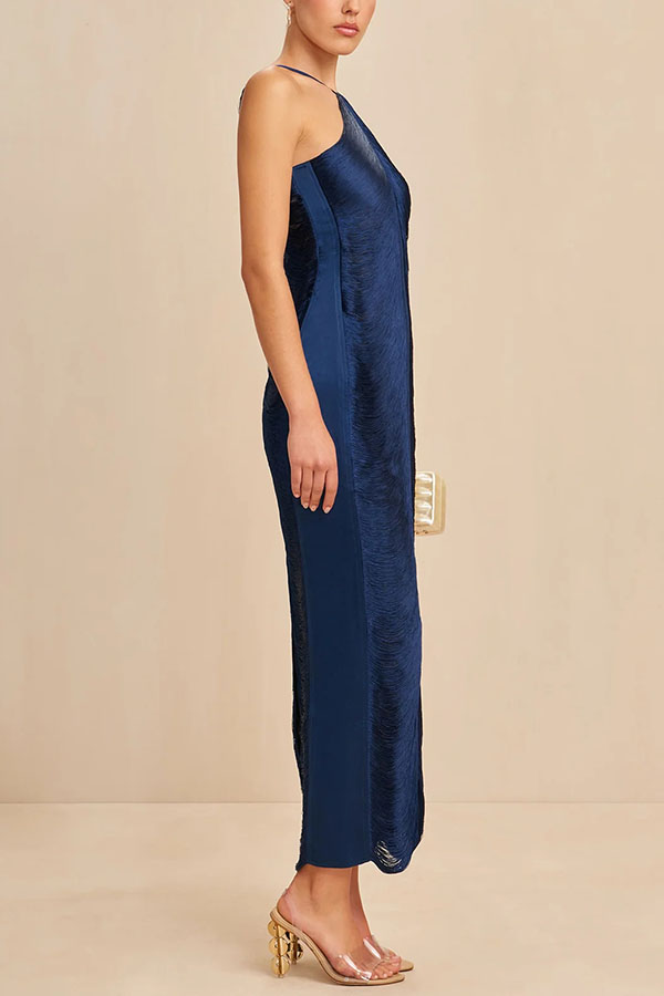 Allnight Metallic Halterneck Backless Fringed Slit Maxi Dress