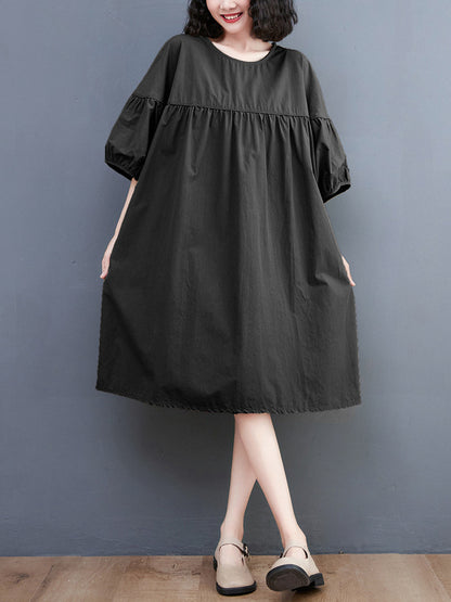 Loose Short Sleeves Color Round-neck Midi Dresses