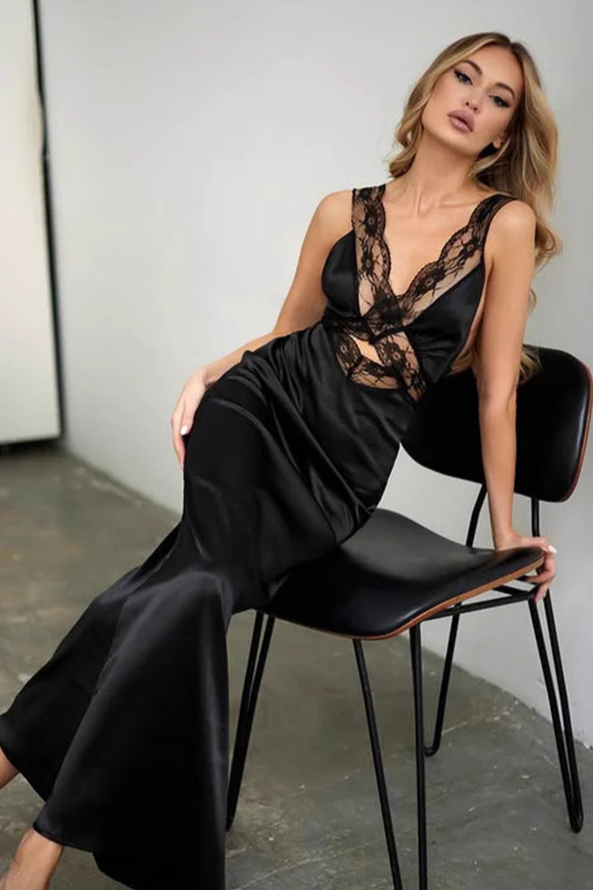 Lace Cut-out V-neck Satin Paneled Bodycon Maxi Dress