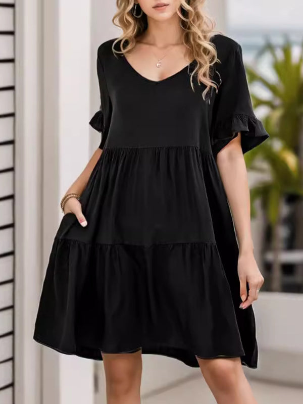 A-line Flared Sleeves Pleated Pockets Ruffled Color Split-joint Round-neck Mini Dresses
