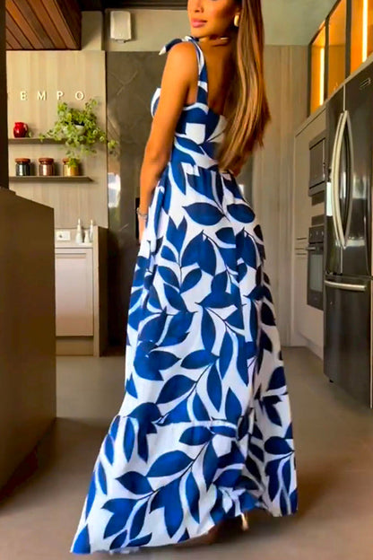 High Waisted Strappy Print Halter Panel Maxi Dress