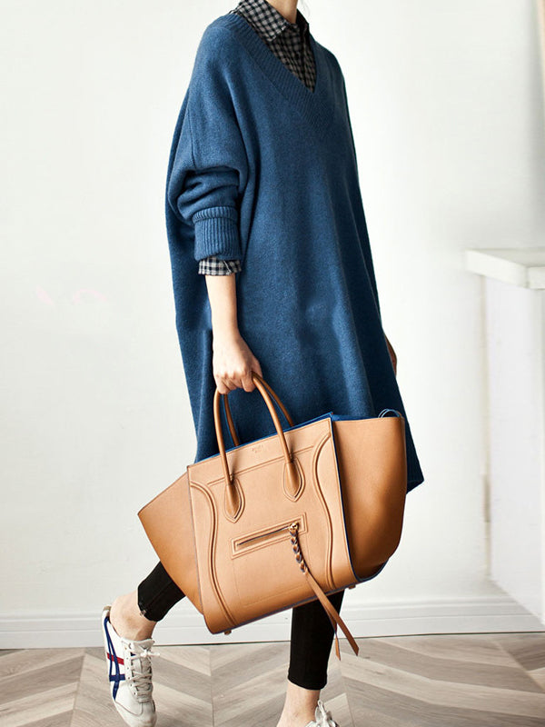 Stylish Long Sleeves Loose Color V-neck Sweater Dresses