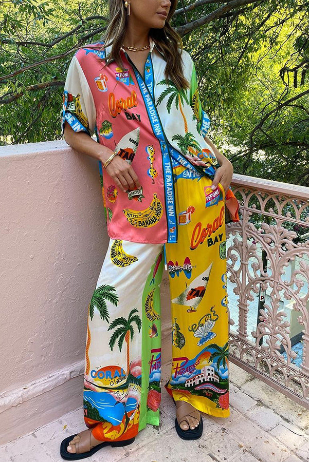 Kissed by the Sun Satin Unique Print Colorblock Elastic Waist Pocketed Wide Leg Pants