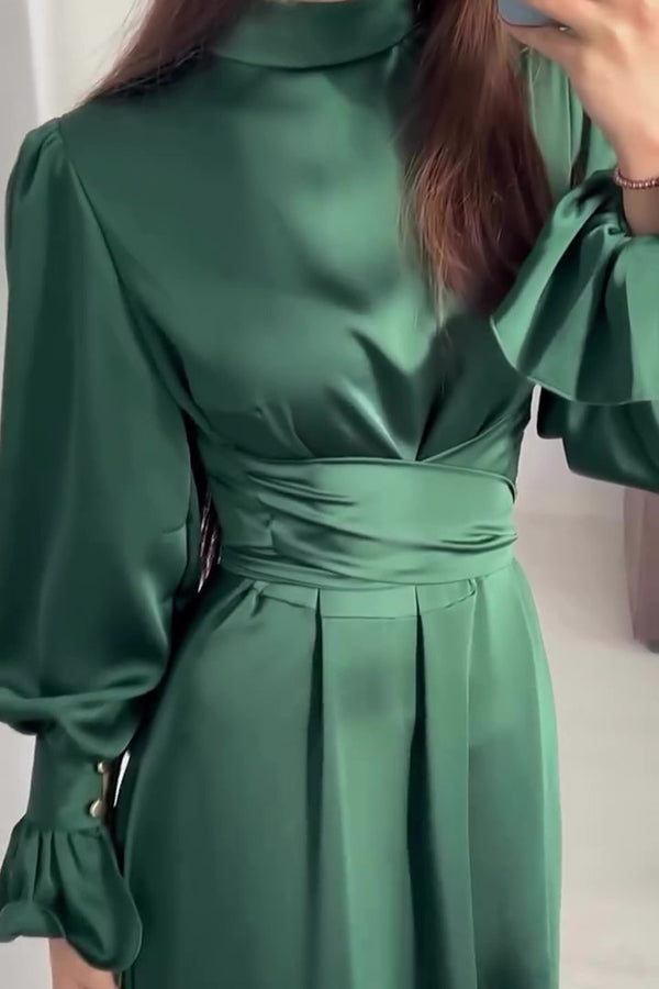Color Ruffled Sleeves Waisted Tie Slim Fit Maxi Dress