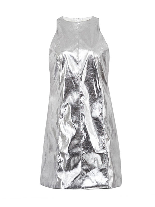 A-line Loose Shiny Color Zipper Round-neck Mini Dresses