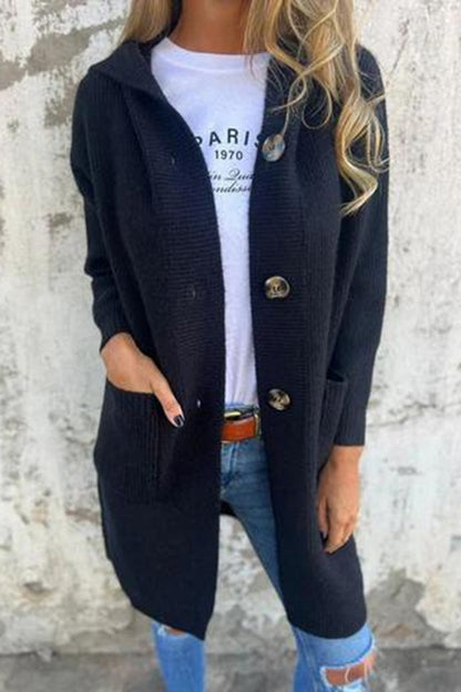 Color Hooded Pocket Mid-length Knitted Cardigan