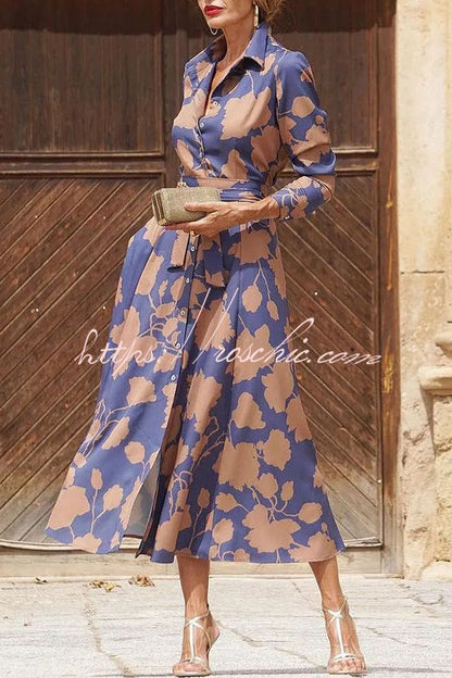 Lapel Print Lace Up Buttoned Pockets Long Sleeve Midi Dress