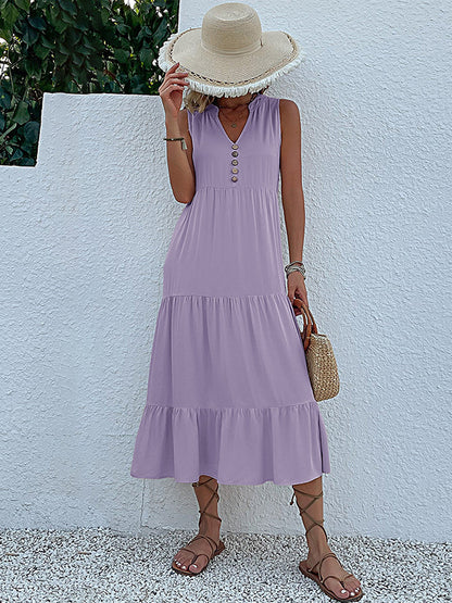 Loose Sleeveless Pleated Split-joint V-neck Midi Dresses
