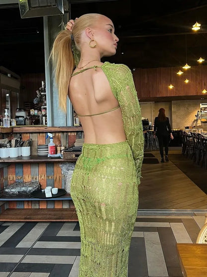 See Through Backless Dress for Summer Hollow Out Kintted Maxi Dresses Femme Club Vestido Woman