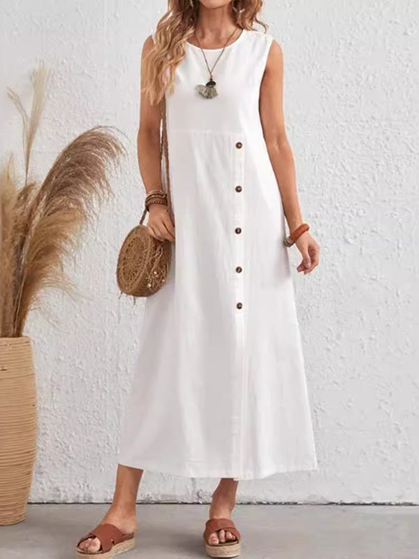 Loose Sleeveless Asymmetric Buttoned Split-front Split-joint Round-neck Midi Dresses