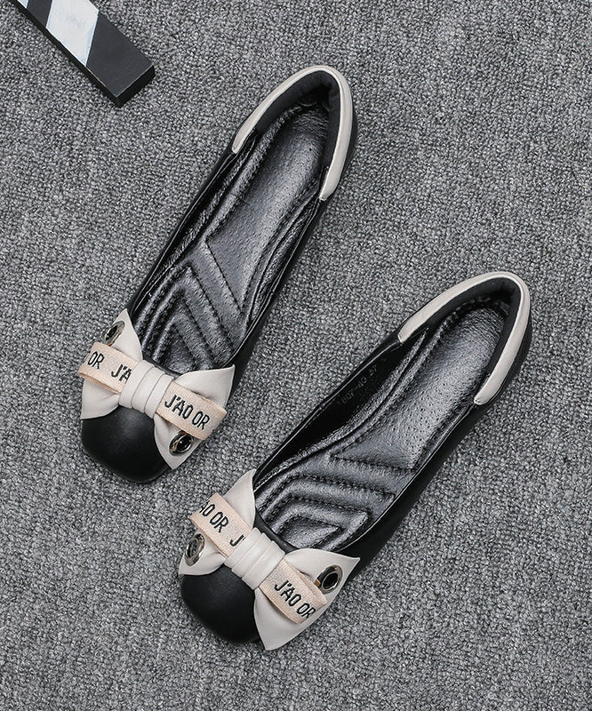 Bow Splicing Comfortable Flat Shoes Beige Faux Leather