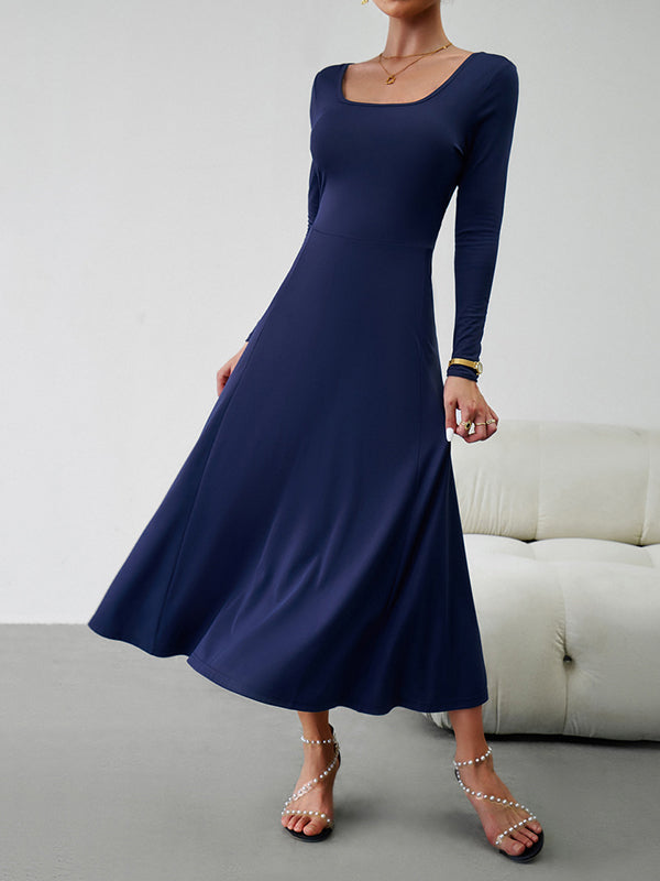 A-line High Waisted Color Tied Waist U-neck Midi Dresses