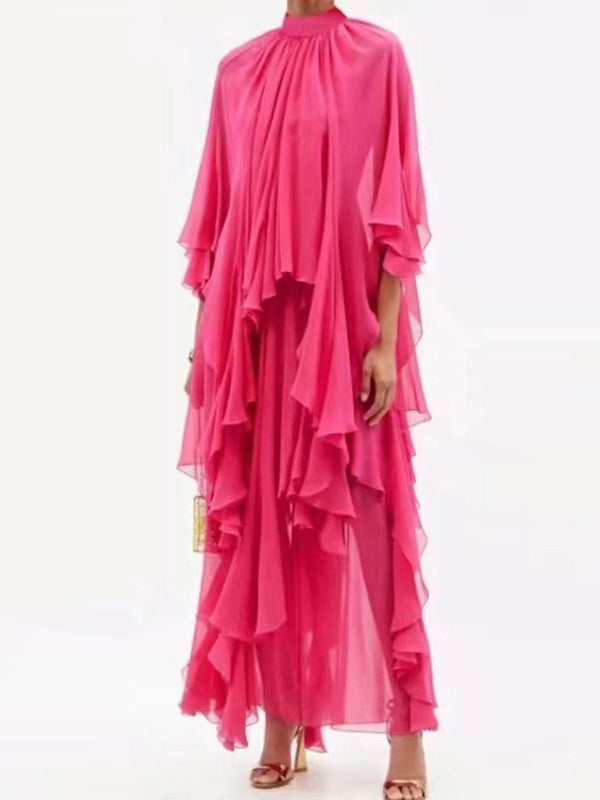 Loose Raglan Sleeve Color Tiered Stand Collar Maxi Dresses