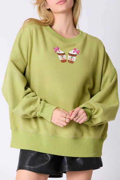 Halloween Coffee Sequin Top Loose Sweatshirt