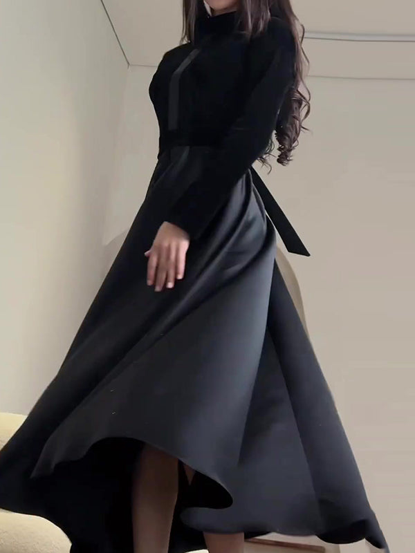 A-line Long Sleeves Pleated Split-joint Zipper Mock Neck Maxi Dresses