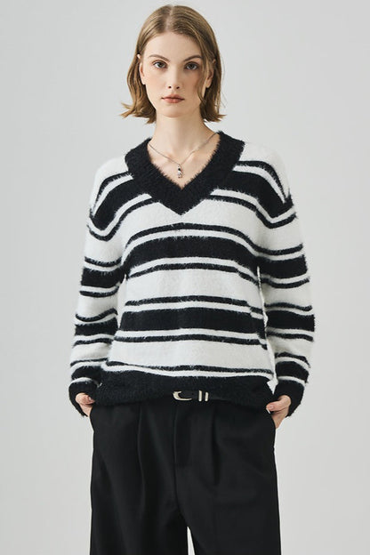 Oversized Striped V-neck Sweater