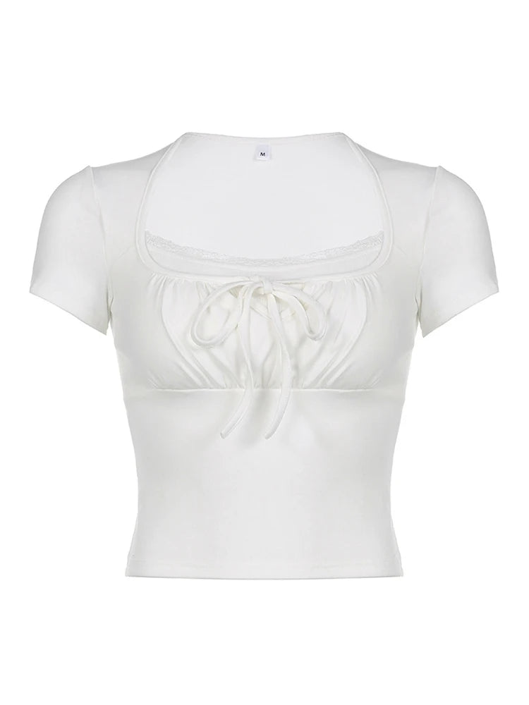 White Knitted Lac Patched Female T-shirts Y2k Korean Style Slim Tie Up Shirring Summer Top Tee Folds Outfits