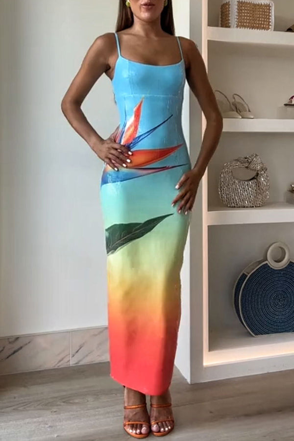 Dreamy Dreamy Sequin Unique Gradient Print Slit Stretch Maxi Dress(shipped Within 24 Hours)