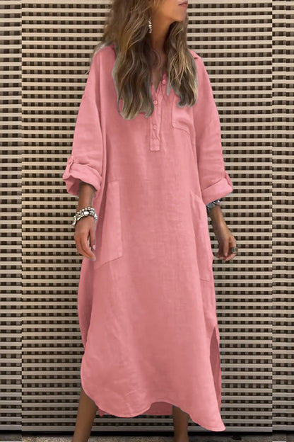Color Button Pockets Irregular Hem Maxi Dress