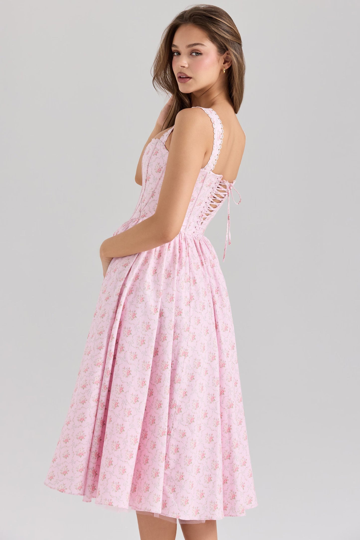 Elara Rose Dress — Pink Midi Dress With Corseted Bodice