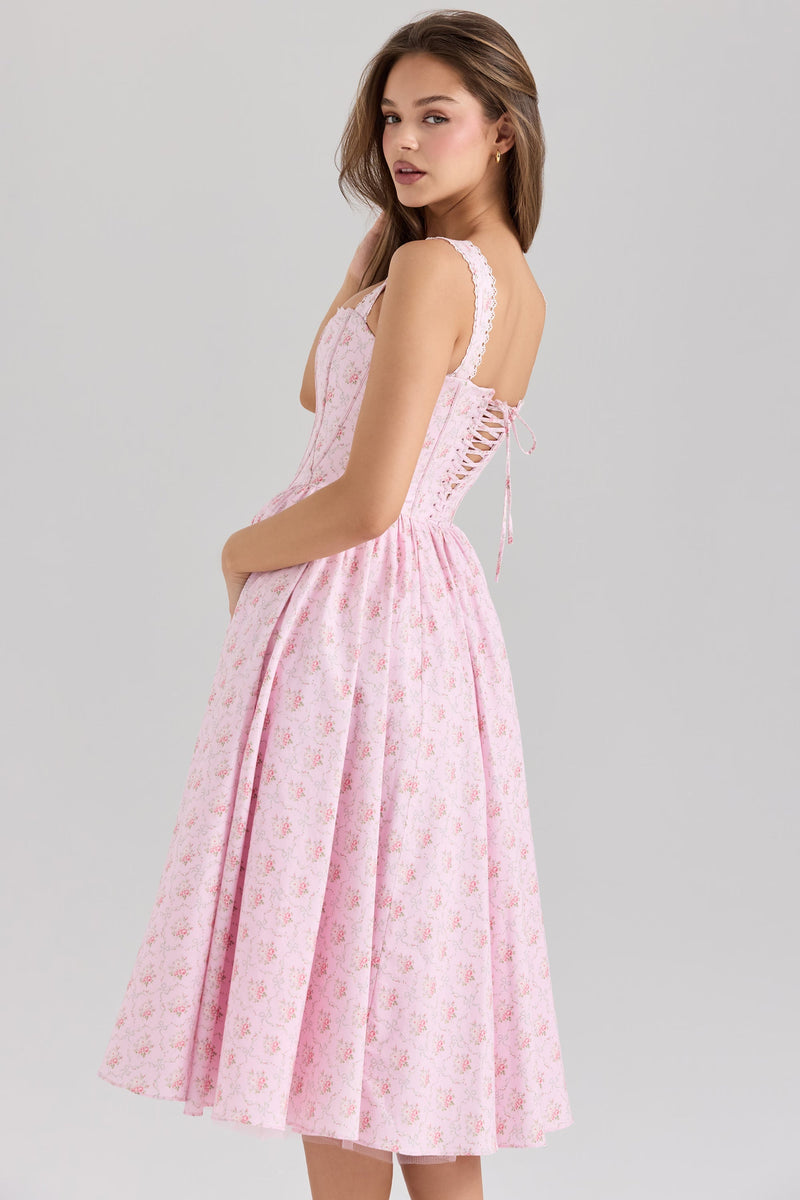 Elara Rose Dress — Pink Midi Dress With Corseted Bodice