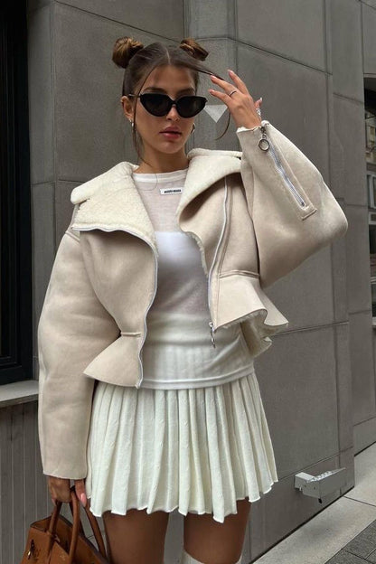 Odd Zip Leather Fur Pieced Coat