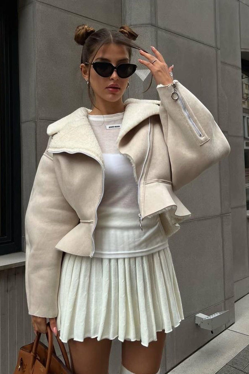 Odd Zip Leather Fur Pieced Coat