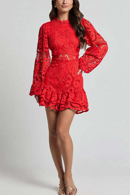 Color Hollow Long-sleeved Waisted Lace Mini Dress