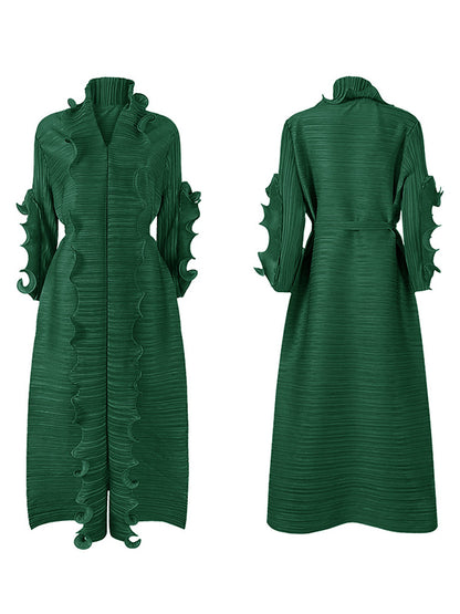 Original Loose Long Sleeves Tied Pleated Falbala Color V-neck Maxi Dresses