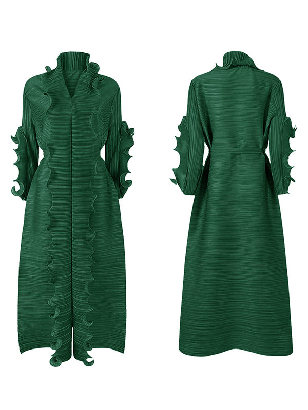Original Loose Long Sleeves Tied Pleated Falbala Color V-neck Maxi Dresses