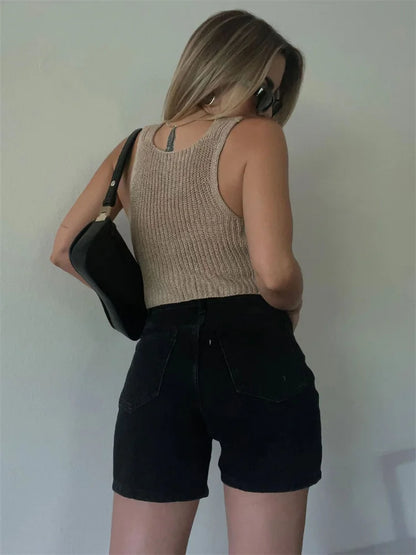 Backless Knit Slim Cardigan Y2k Top for Sleeveless Knitwear Coat Tank Top Patchwork Cardigan