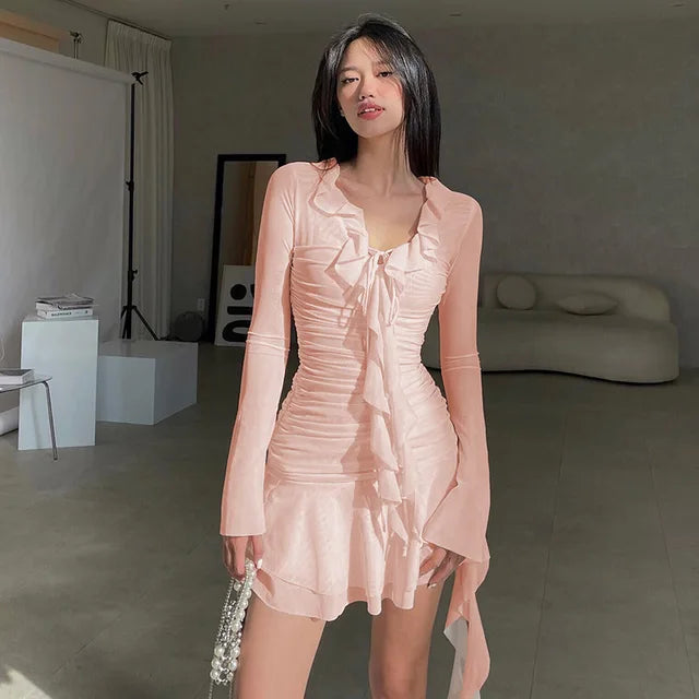 Bandage Folds Mini Dress for V Neck Slim Long Sleeve Bodycon Dresses Femme Street High Waist Dresses