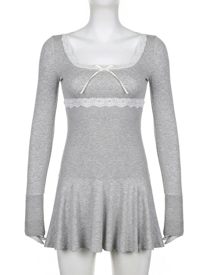 Knitted Mini Dress for Rib High Waist Splice Lace Dresses Femme Slim Folds Dress Woman Autumn