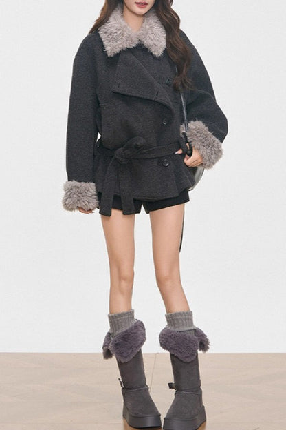 Petite Faux Fur Collar Thick Wool Blend Coat