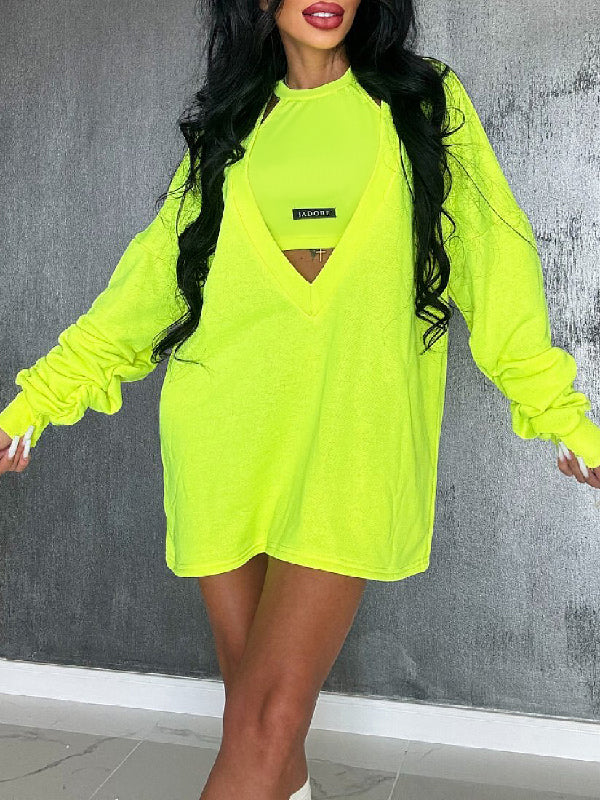 Loose Color Round-neck Mini Dresses & Vest Top Two Pieces Set