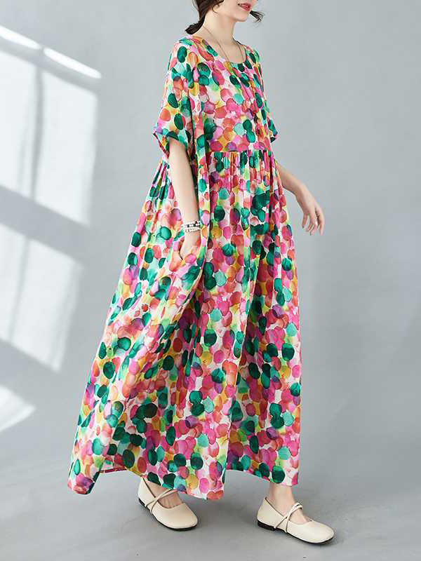 Half Sleeves Loose Pleated Polka-dot Printed Split-joint Round-neck Midi Dresses