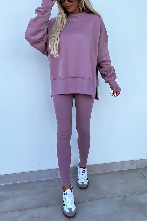 Color Loose Long Sleeve Slitsweatshirt and Elastic Waist Tight Pants Set