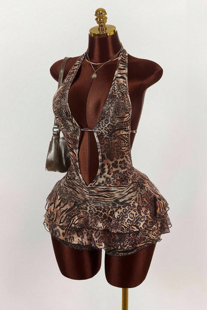 Leopard Print Halter Tie Tiered Mini Dress