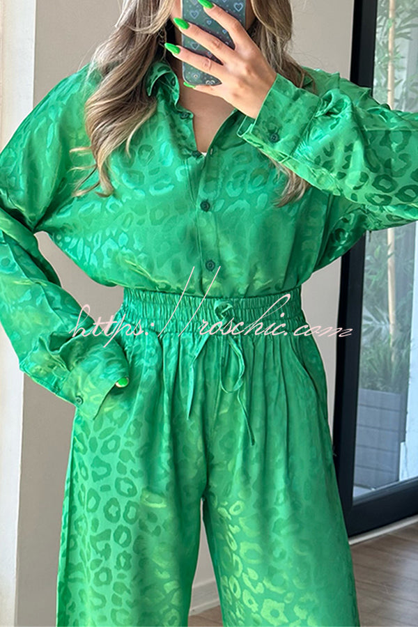 Leopard Print Jacquard Long Sleeved Shirt With Elastic Waist and Pant Two Piece Set