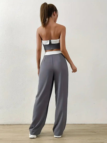 Contrast Off Shoulder Tube Top & Pants Two Piece Set