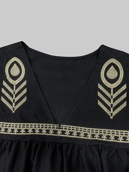Flared Sleeves Loose Embroidered Split-joint Deep V-neck Mini Dresses