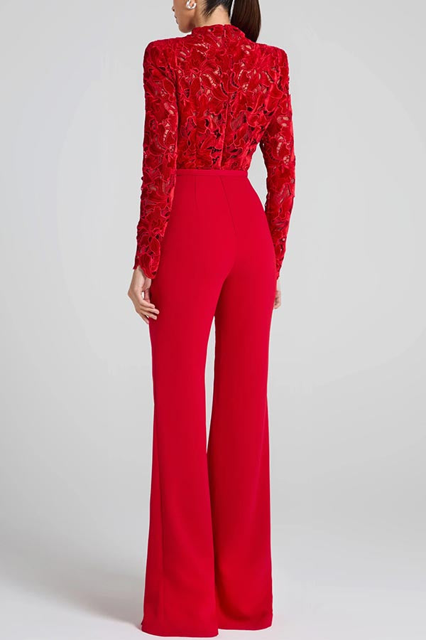 Eleanor Embroidered Lace Long Sleeve Patchwork Belt Flare Jumpsuit