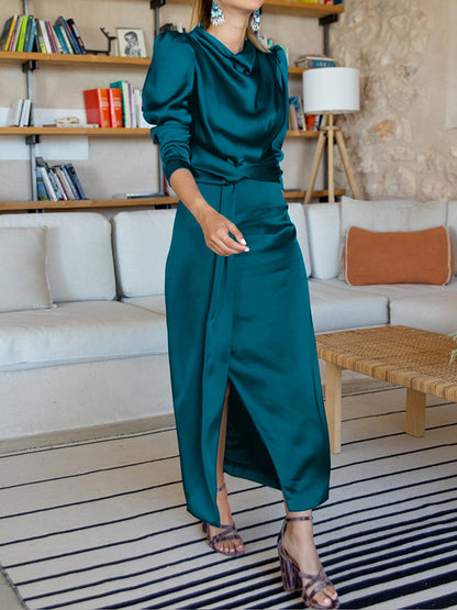 A-line High Waisted Pleated Color Split-front Mock Neck Maxi Dresses