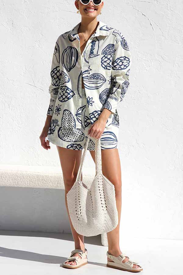 Parkside Tropical Fruit Print Loose Shirt and Elastic Waist Pocketed Shorts Set