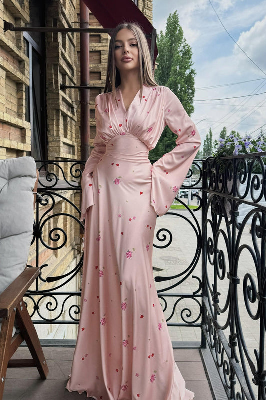 Satin V Neck Flared Hem Maxi Dress