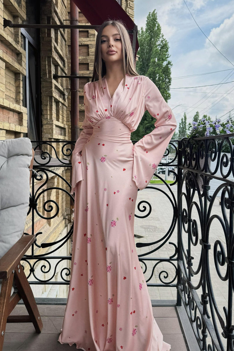 Satin V Neck Flared Hem Maxi Dress