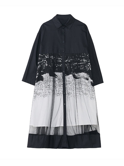 A-line Long Sleeves Buttoned Gauze Printed Split-joint Lapel Midi Dresses