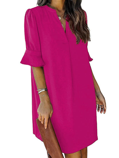 A-line Flared Sleeves Pleated Ruffled Color Split-joint V-neck Mini Dresses