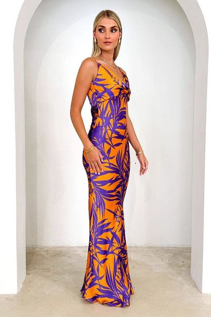Purple Print V-neck Slim Maxi Dress